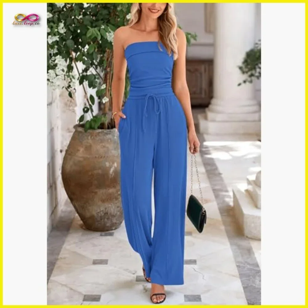 Ribbed Knit Tube Top Wide Leg Pants Matching Lounge Set Soft Stretchy